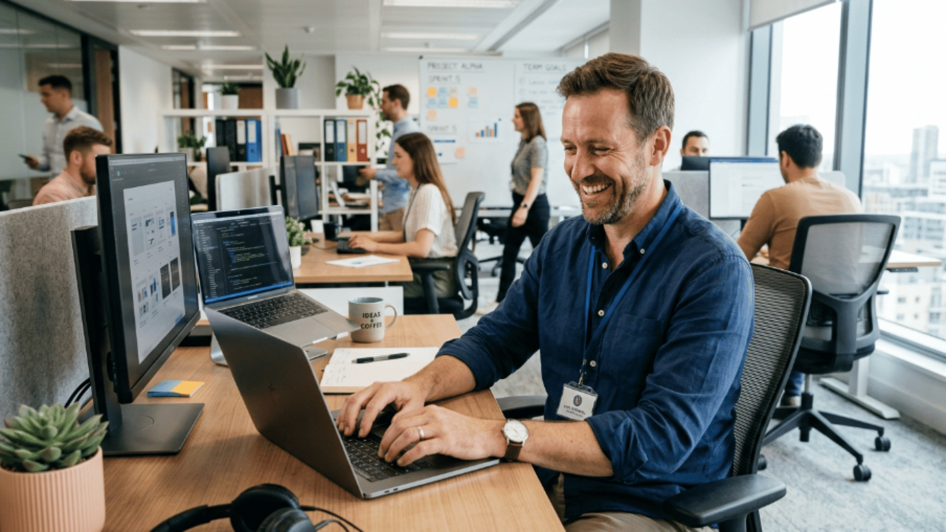 professional employee working on a laptop in a modern office environment with coworkers collaborating in the background.