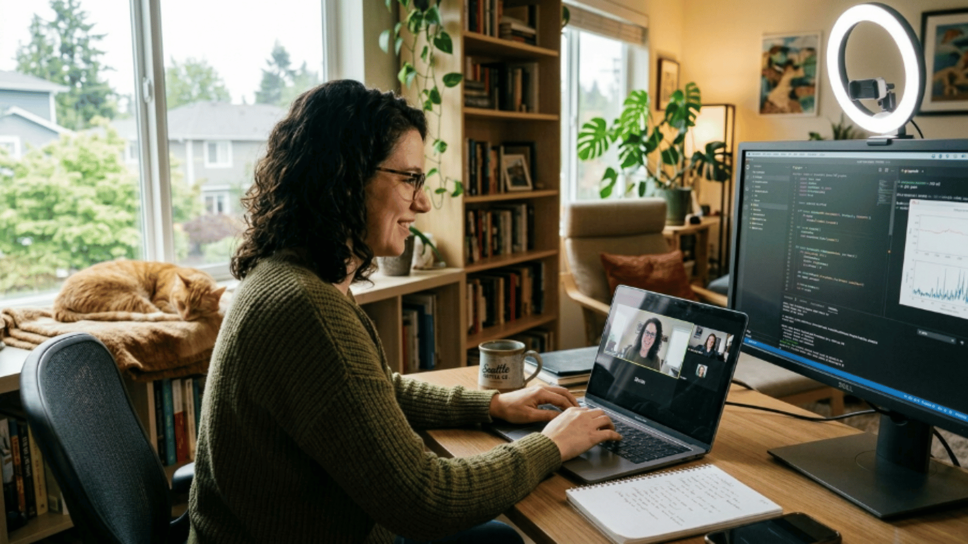 remote employee attending a virtual meeting from a home office setup with computer screens and video calls.
