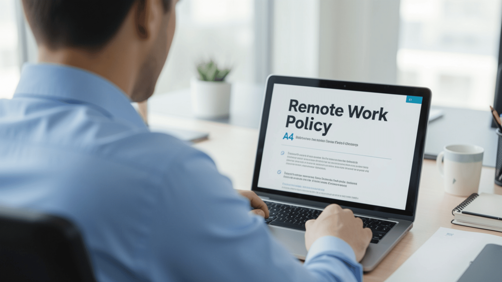 remote work policy template example on laptop in modern home office