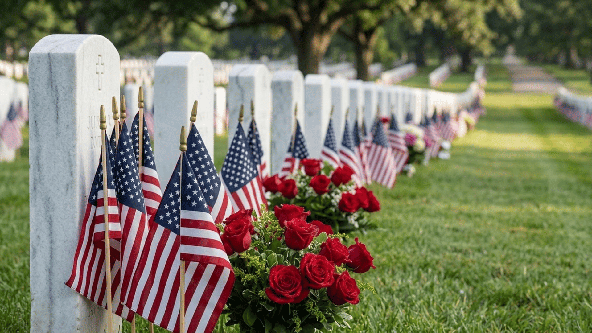 rows of military headstones with American flags and red flowers placed for Memorial Day remembrance in a quiet cemetery