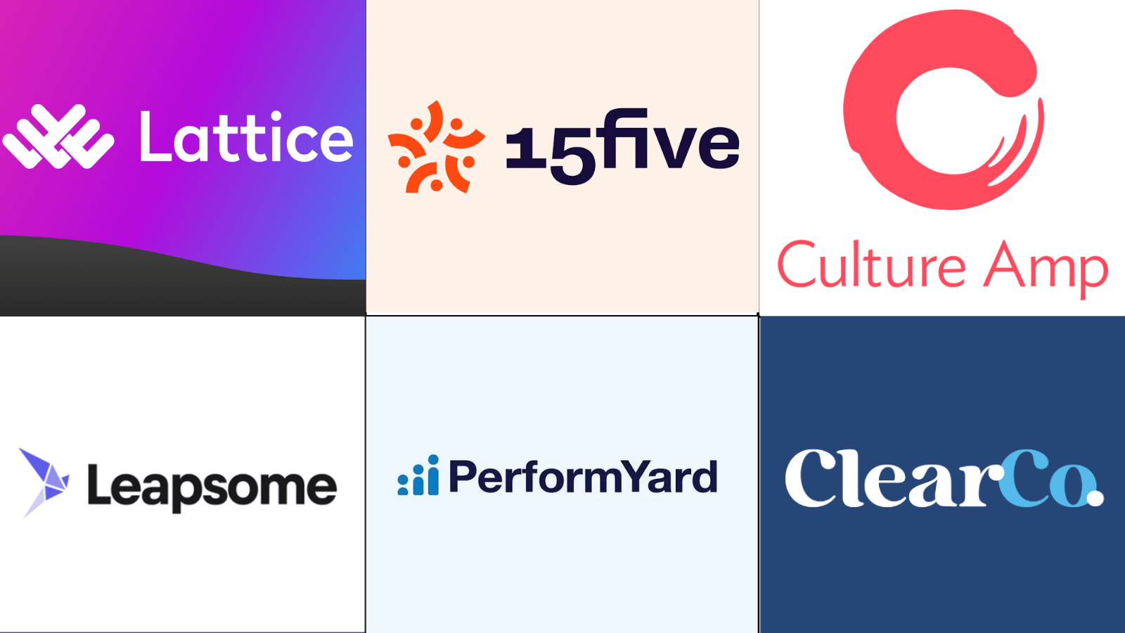 six-panel graphic displaying lattice, 15five, cultureamp, leapsome, performyard, and clearcompany software logos