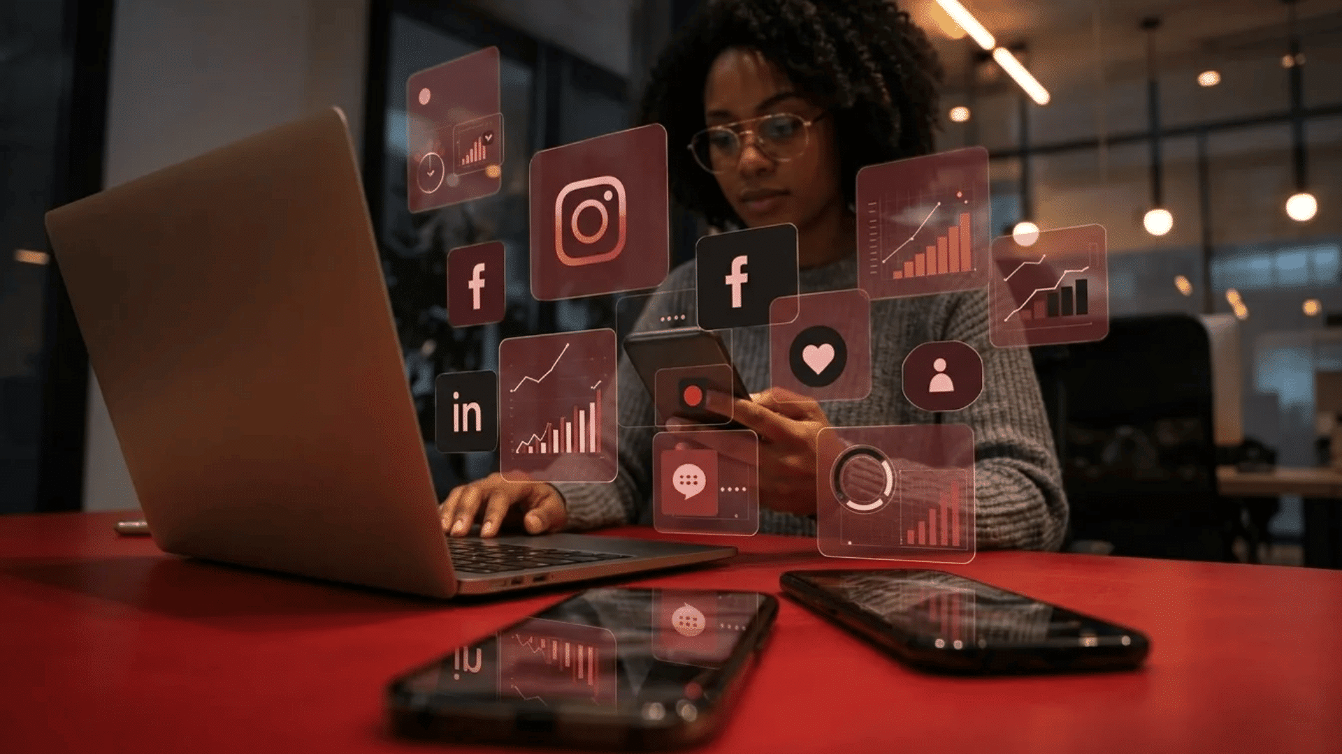 Social media manager tracking engagement and digital marketing analytics on multiple platforms.