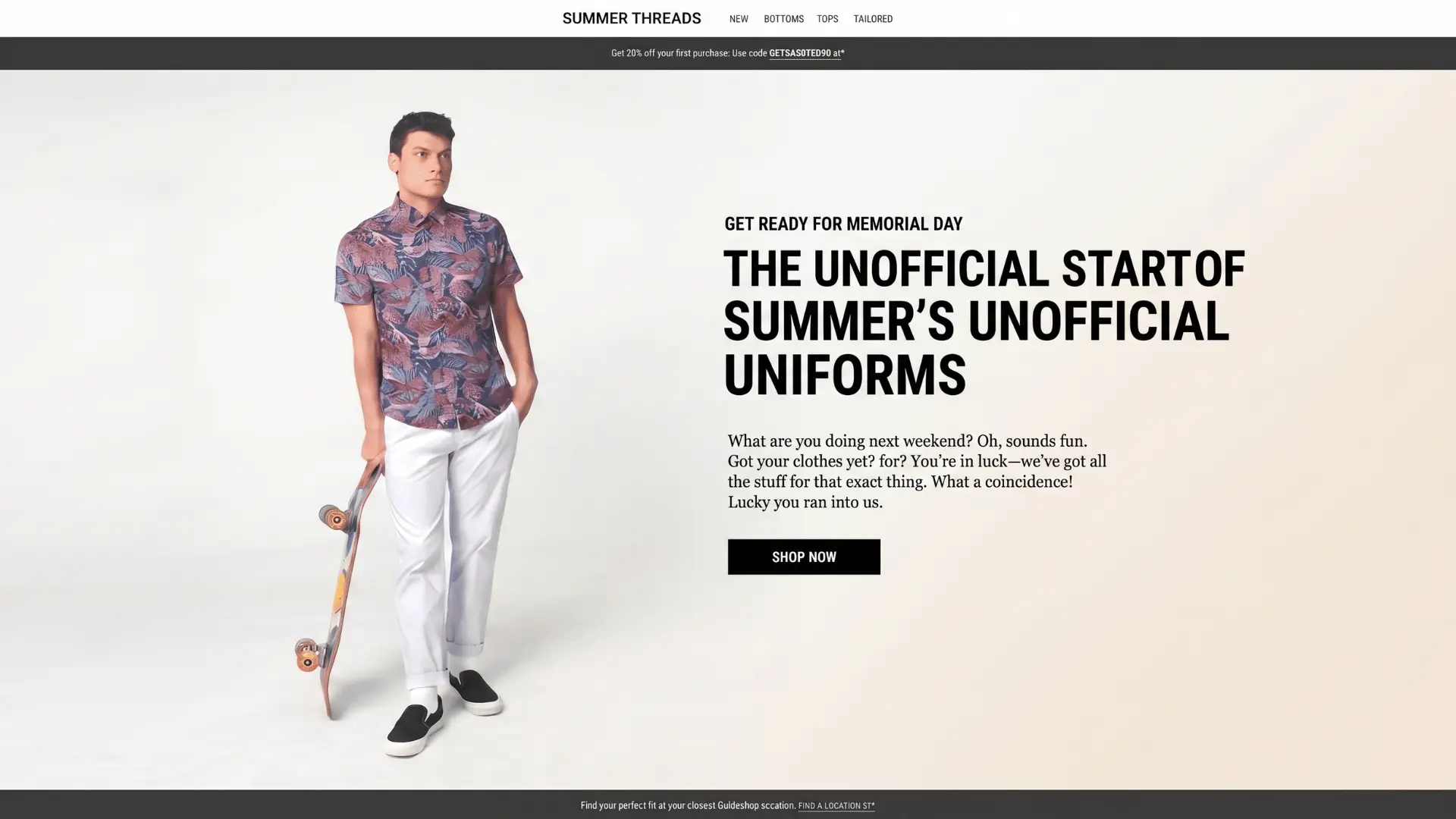 Summer Threads Memorial Day Sale. Man in a floral shirt with skateboard. Text The unofficial start of summer’s unofficial uniforms.