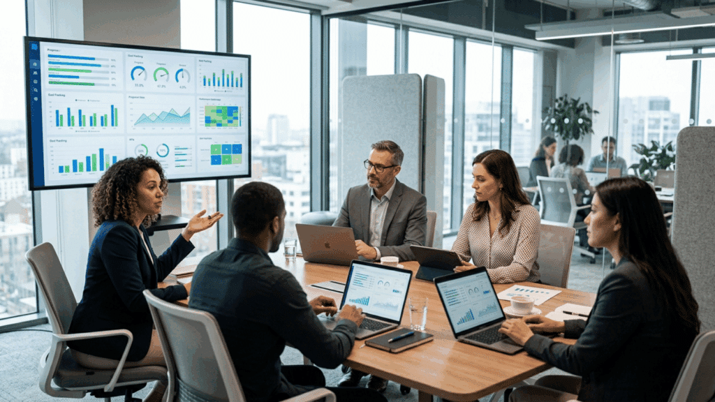 team of professionals reviewing performance metrics on dashboards during a meeting, discussing data insights and workplace productivity strategies