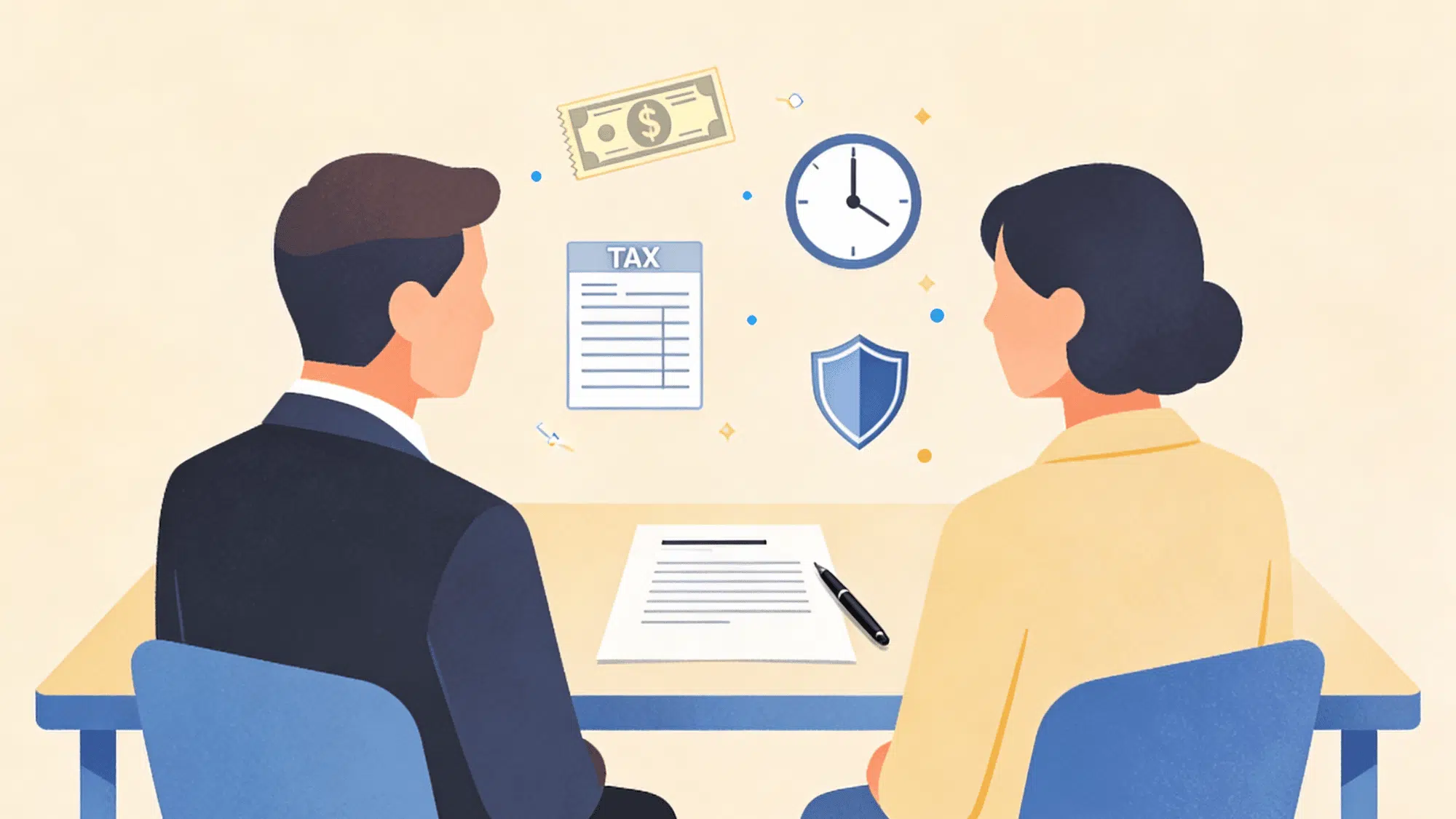 two professionals discussing taxes, payroll, payments, benefits, compliance, and financial planning