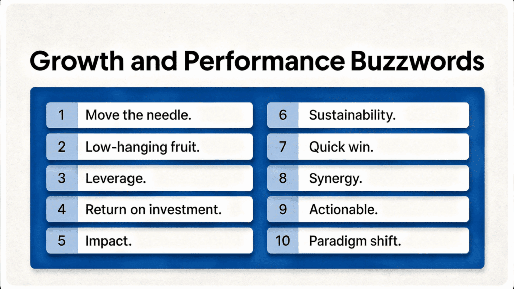 Graphic listing common growth and performance buzzwords such as leverage, synergy, quick win, and return on investment in numbered blue panels.