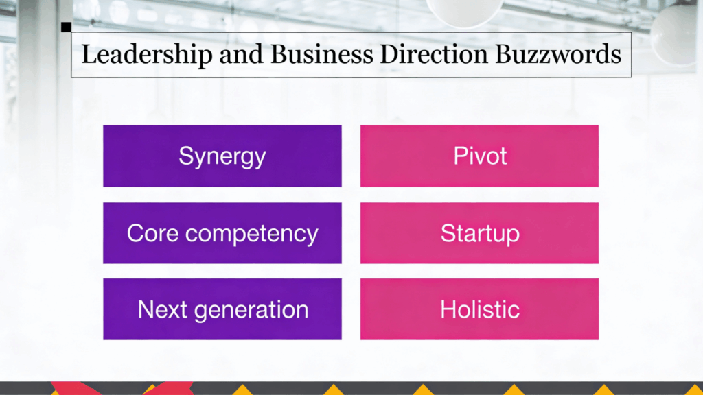 Slide showing leadership and business direction buzzwords like synergy, pivot, startup, and holistic in purple and pink boxes.