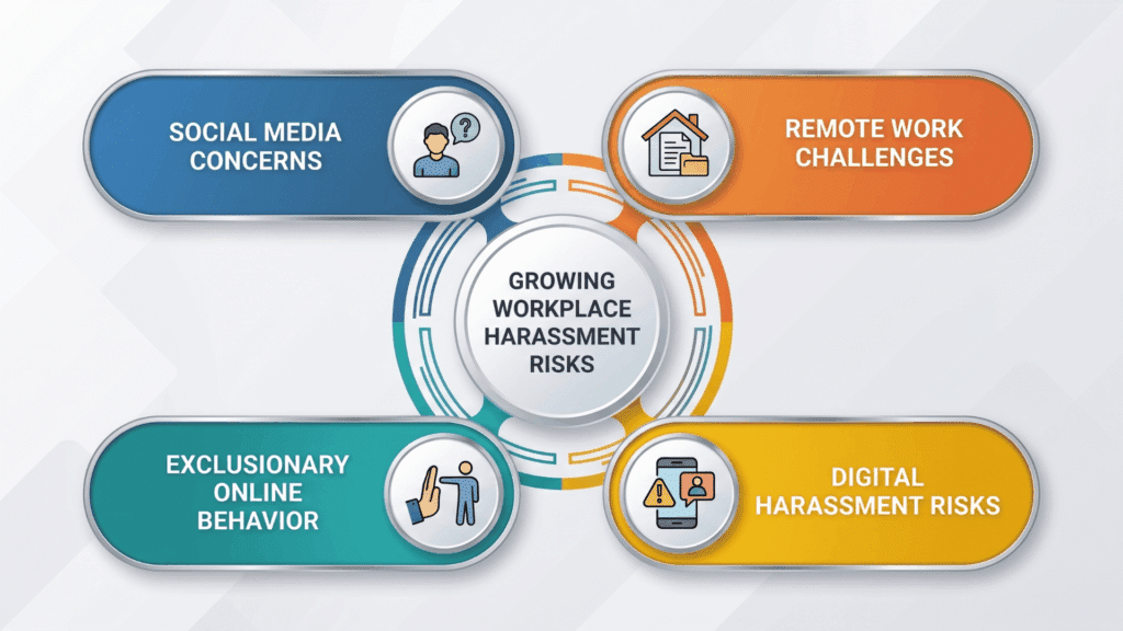 A circular infographic showing four growing workplace harassment risks: social media concerns, remote work challenges, digital harassment, and exclusionary online behavior.