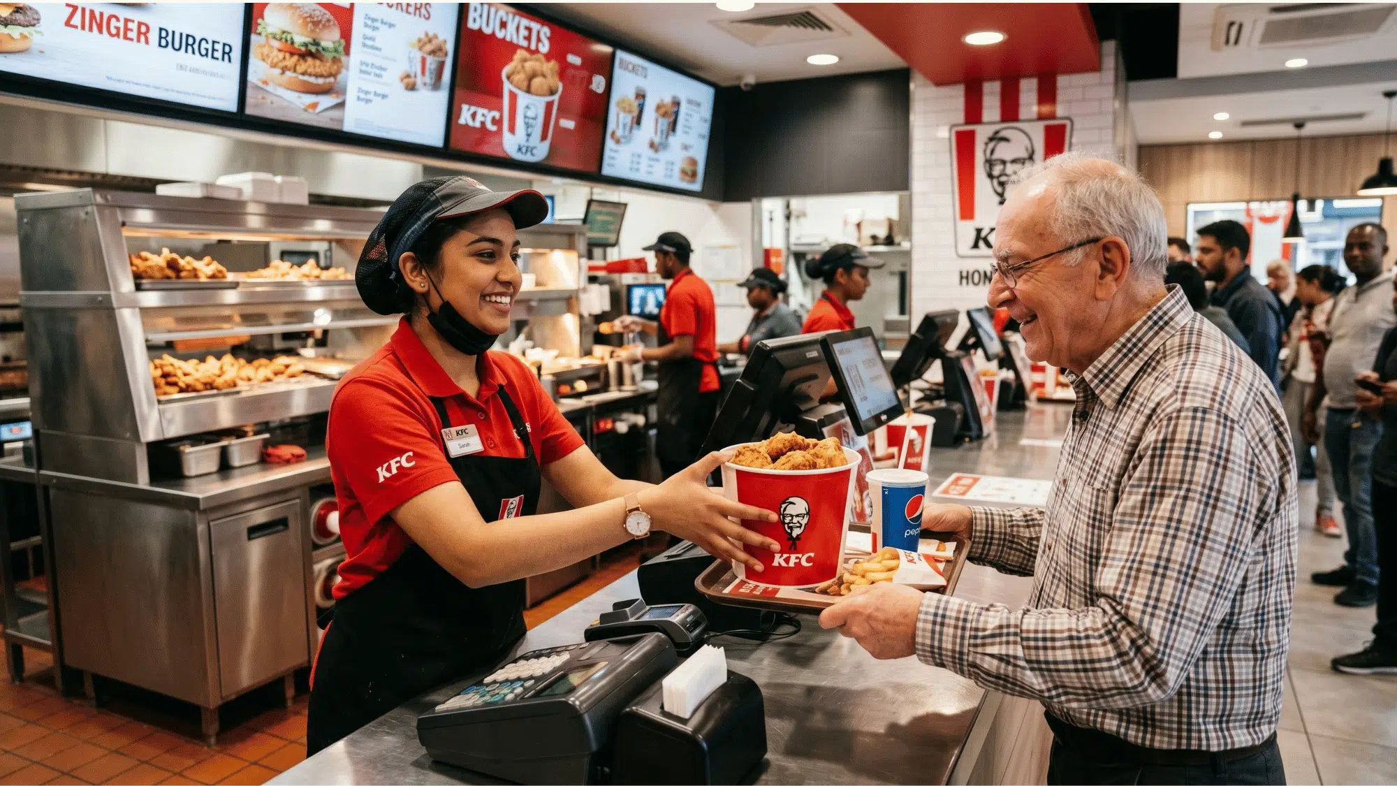 a kfc worker serving at the counter