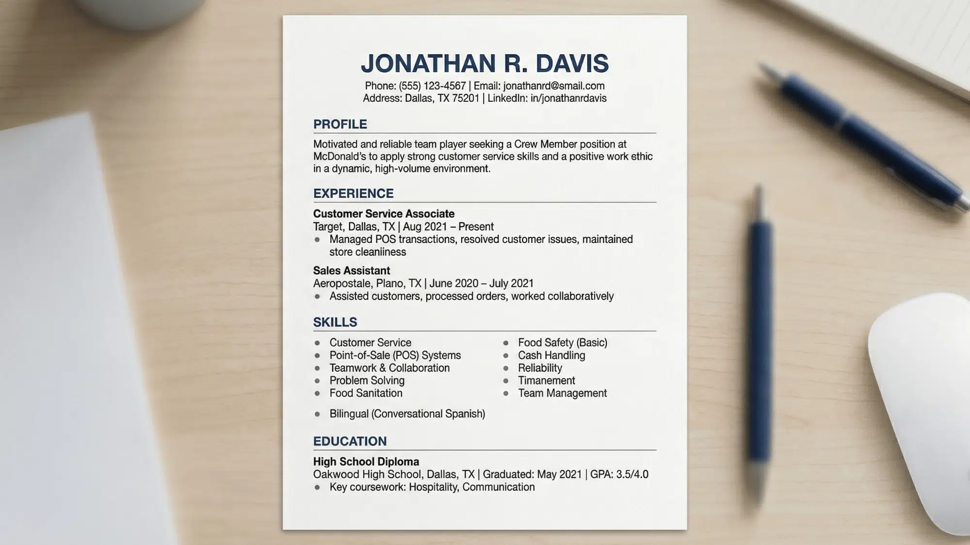 a printed modern resume with good template showing sections like experience, skills, and education, sharp focus