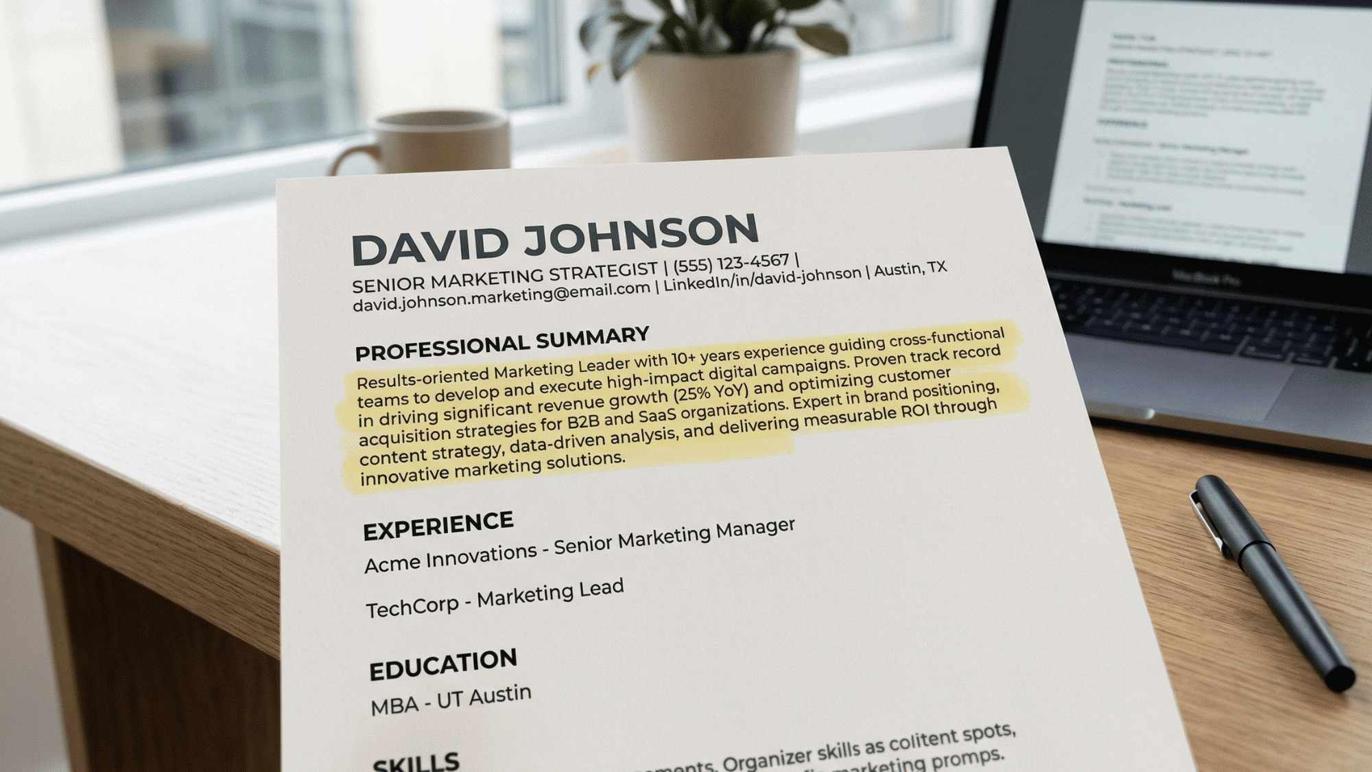 a resume with highlighted summary section on the top