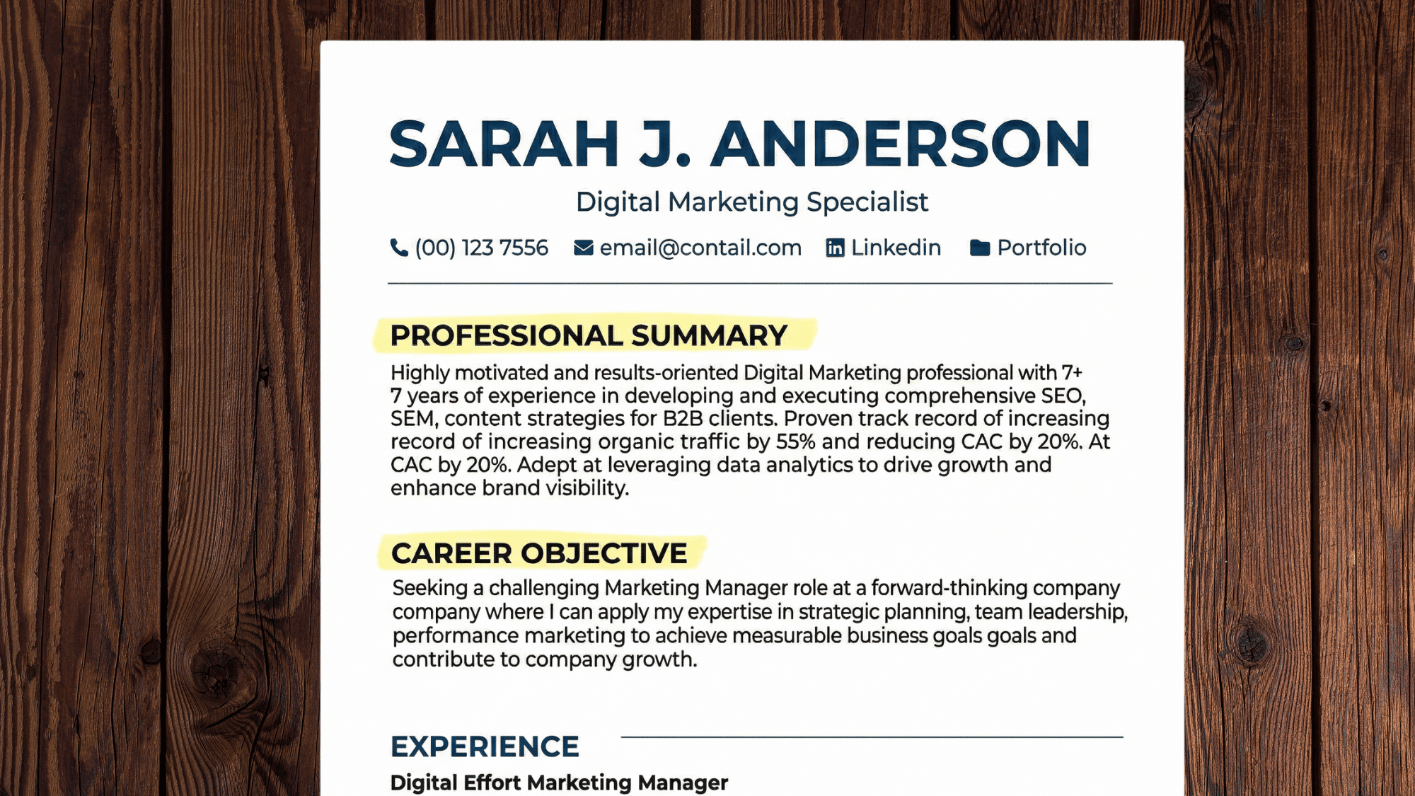 a resume with two highlighted sections labeled summary and objective