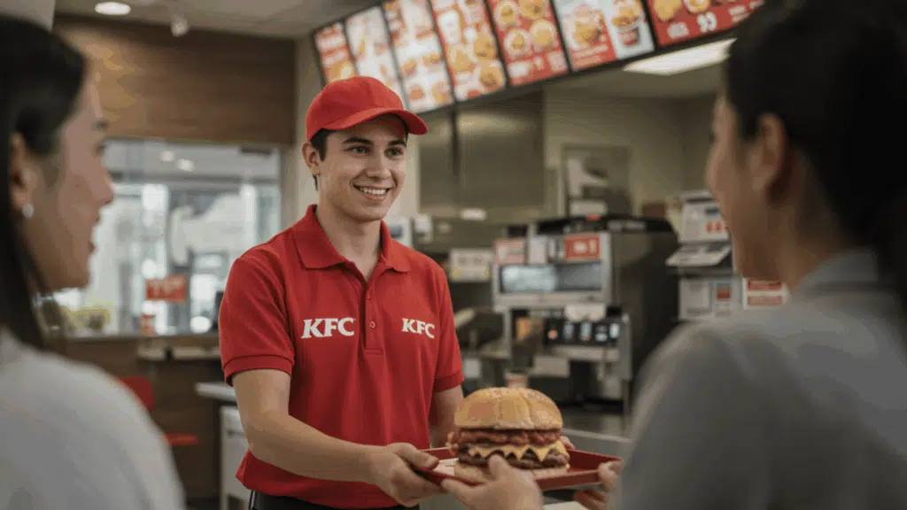 a young boy in a KFC uniform handling customers at a counter