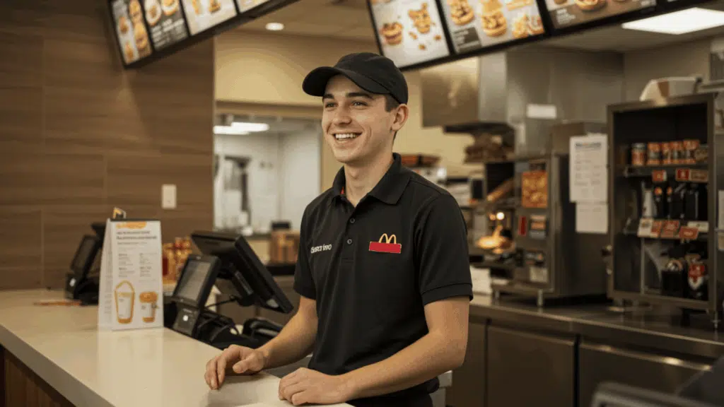 a young employee working at a McDonald’s-style counter, smiling while serving customers