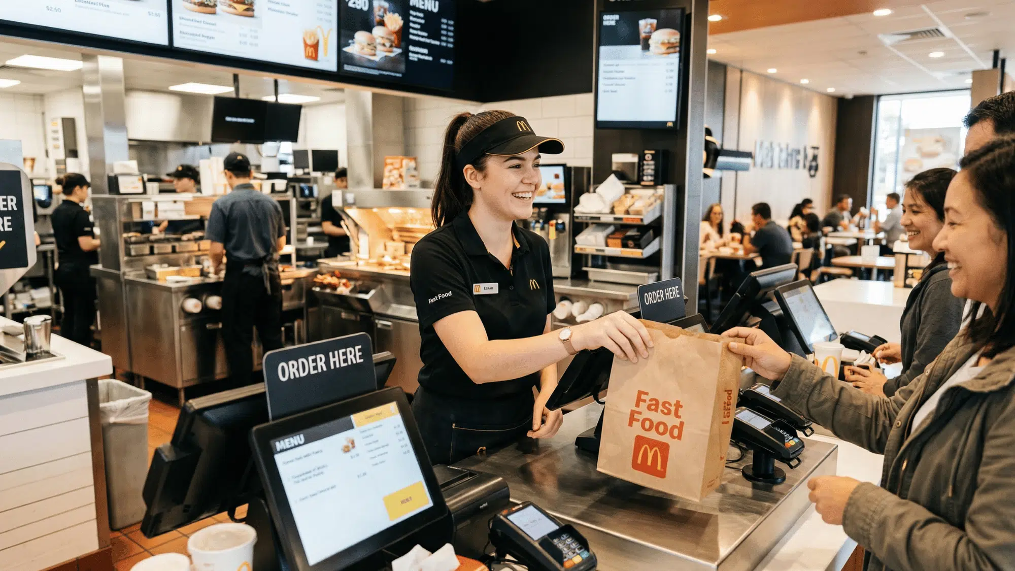 a young fast food employee working at a McDonald’s smiling while serving customers, wearing uniform
