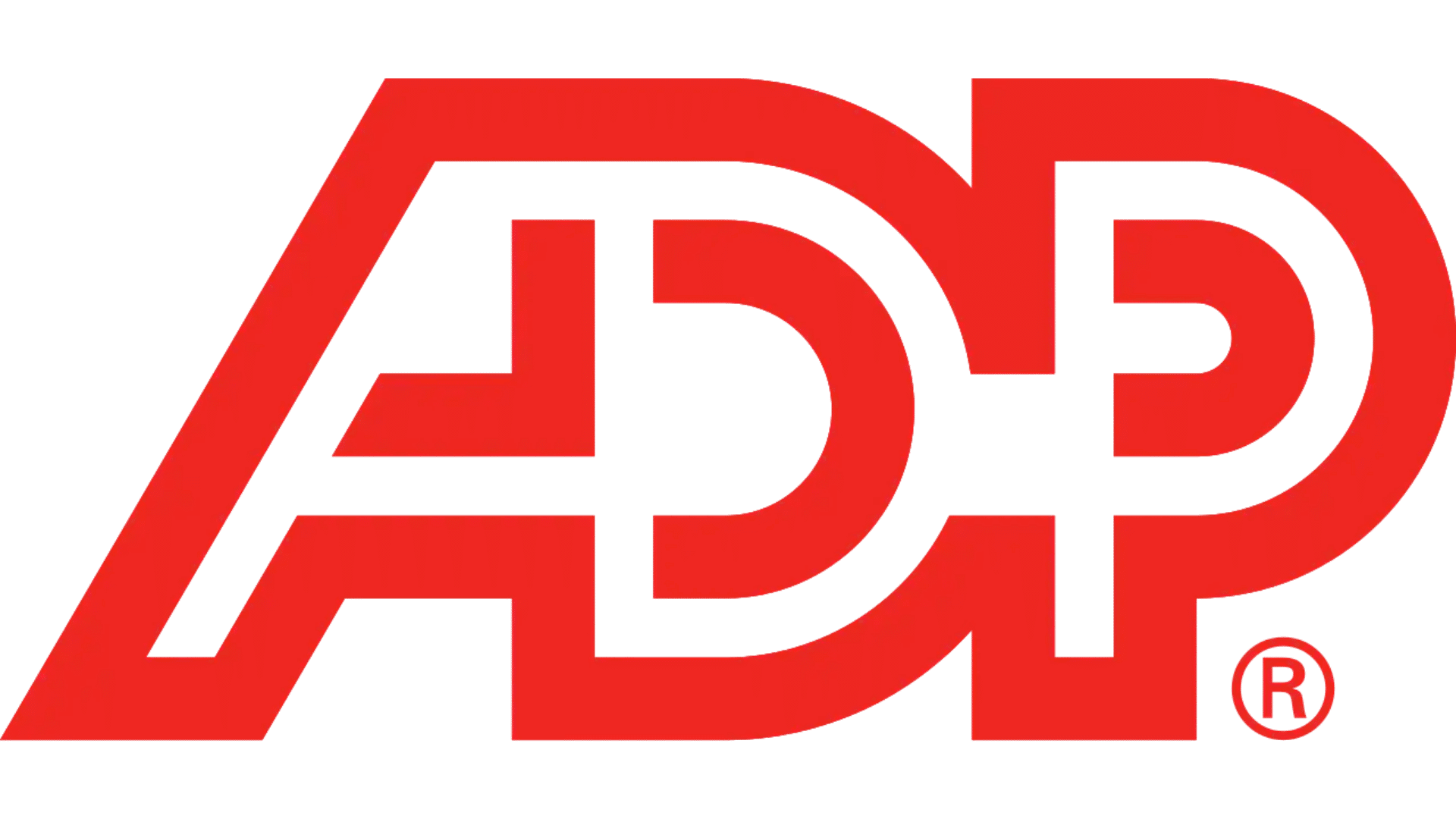 ADP logo in red with stylized overlapping letter design on a black background.