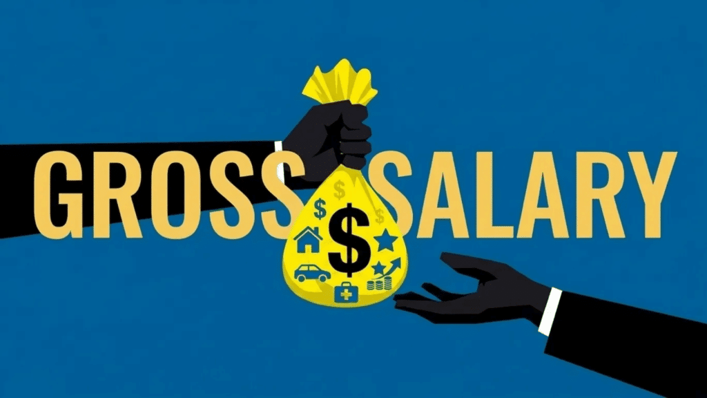 An illustration of “gross salary” showing total earnings before deductions, represented by a money bag and financial benefit icons.