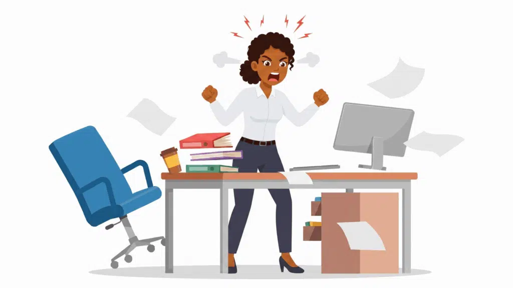 Angry employee standing at an office desk with scattered papers, showing workplace frustration and stress.