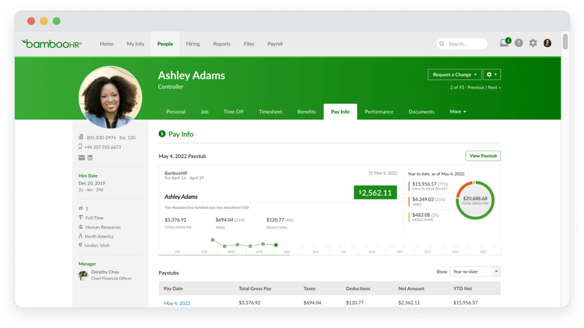 BambooHR employee profile showing pay info, paystub details, gross pay, taxes, and year-to-date earnings summary.