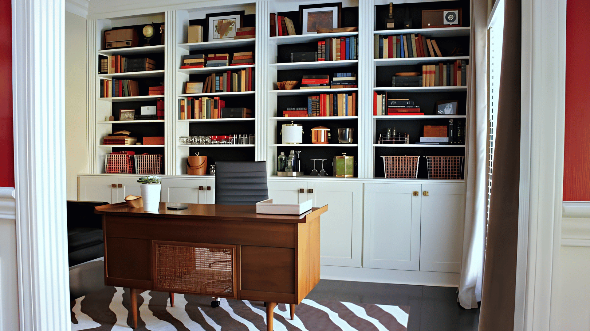 Work desk with a huge book shelf behind it