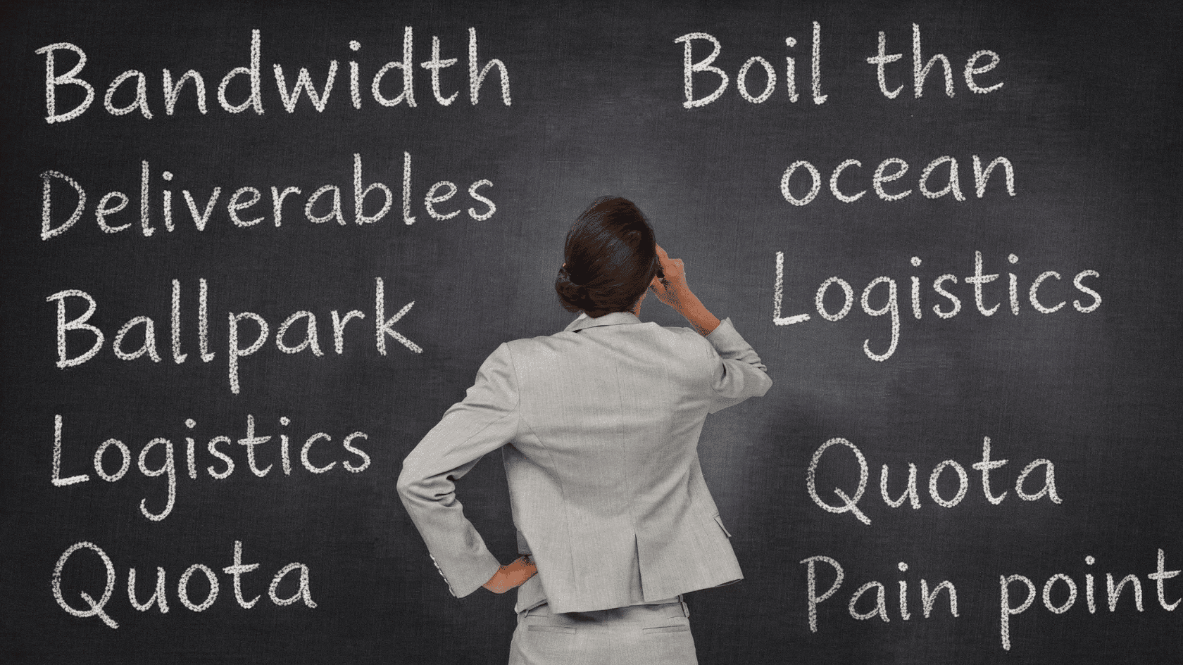 Businessperson facing a chalkboard filled with workplace buzzwords like bandwidth, deliverables, logistics, quota, and pain point.