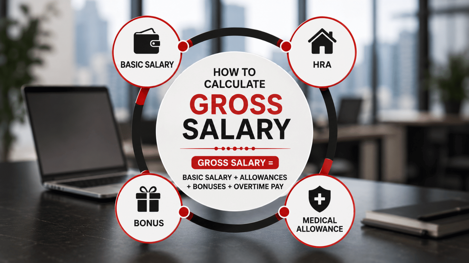 Circular gross salary infographic with salary components around a central formula on a blurred office desk background with a laptop.