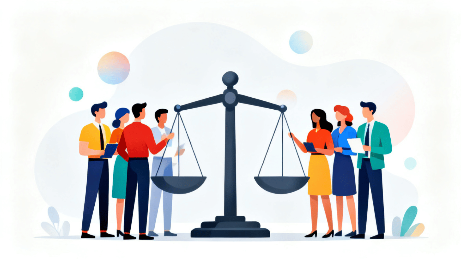 a group of people standing on both sides of a large scale of justice