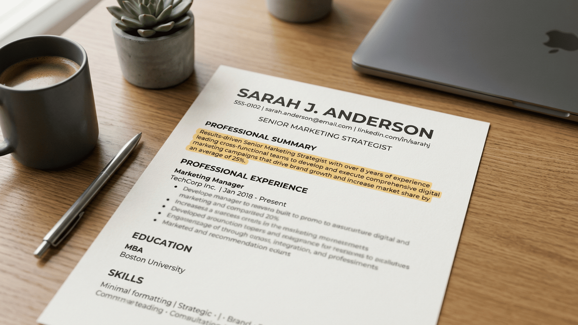 close up of a professional resume with highlighted summary section (1)