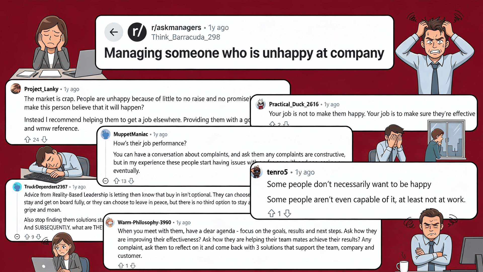 Collage of Reddit comments about unhappy employees and management advice on a red-orange gradient background.