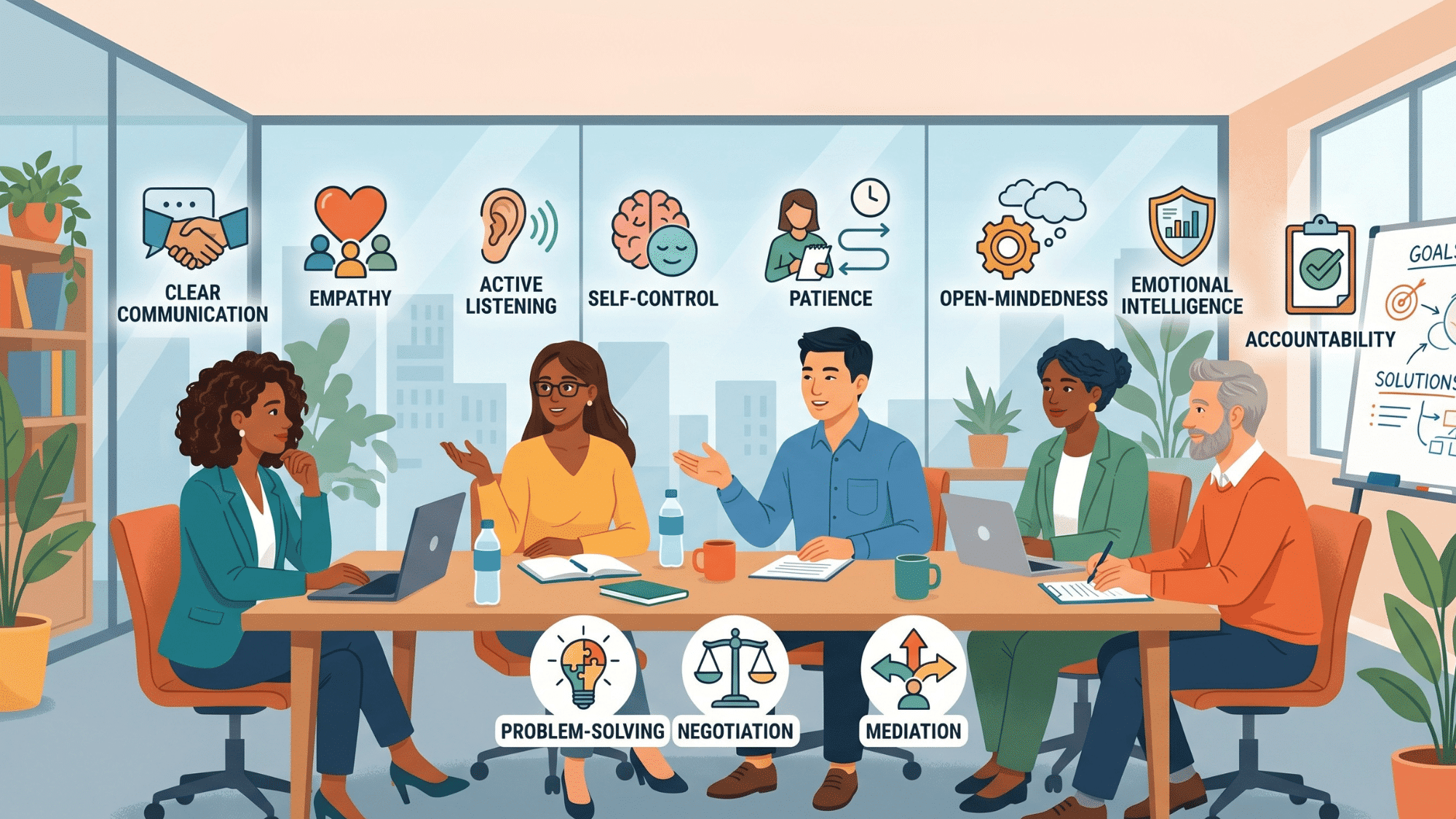 a diverse group of professionals sitting around a meeting table, discussing calmly and respectfully