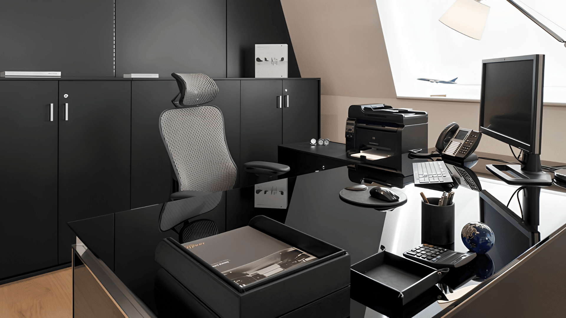 corporate style table and chair setup with equipment at home