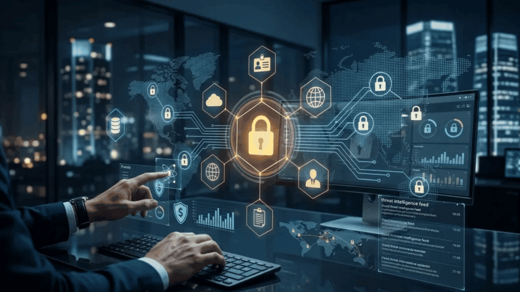 Cybersecurity dashboard displaying digital lock protection, global network security connections, and live threat monitoring analytics.