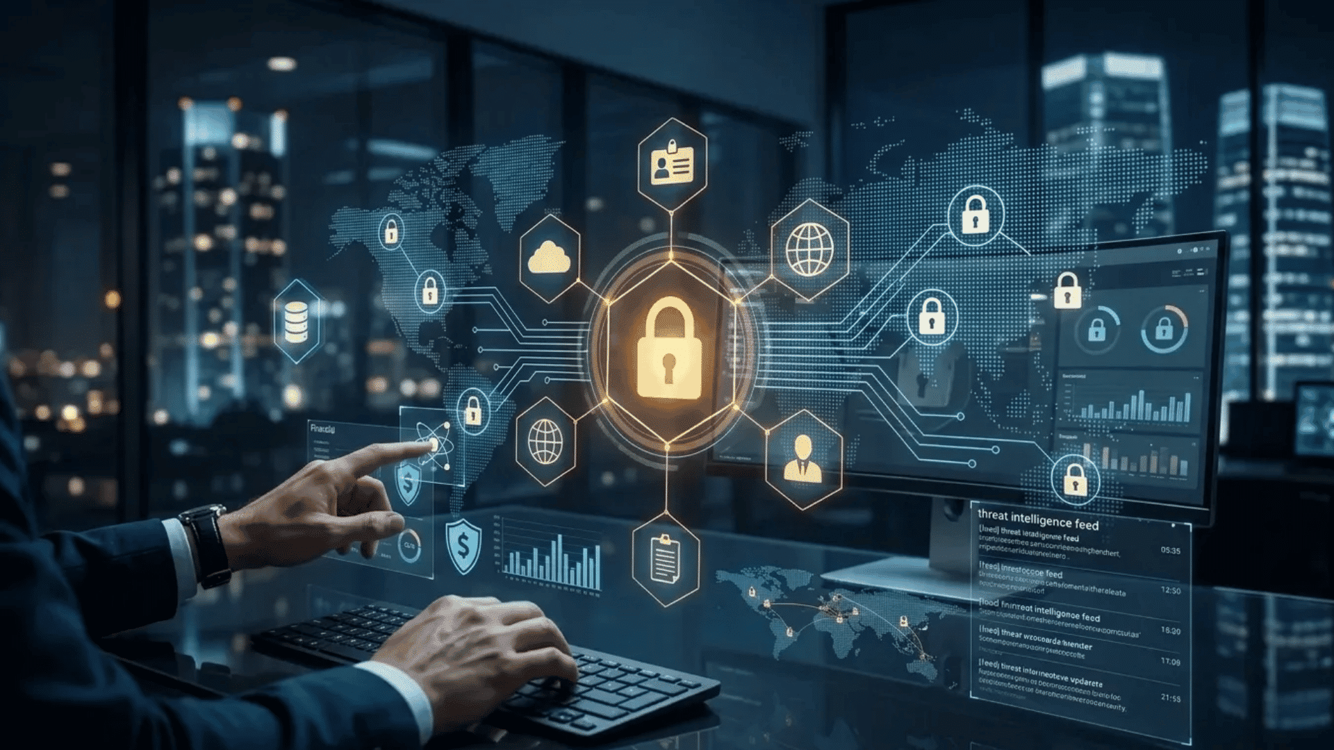 Cybersecurity dashboard displaying digital lock protection, global network security connections, and live threat monitoring analytics.