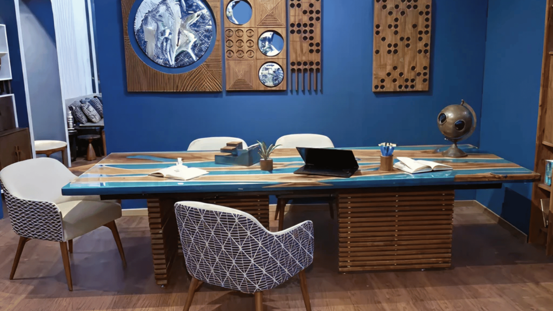 dining table with 2 seats having wrk setup on top