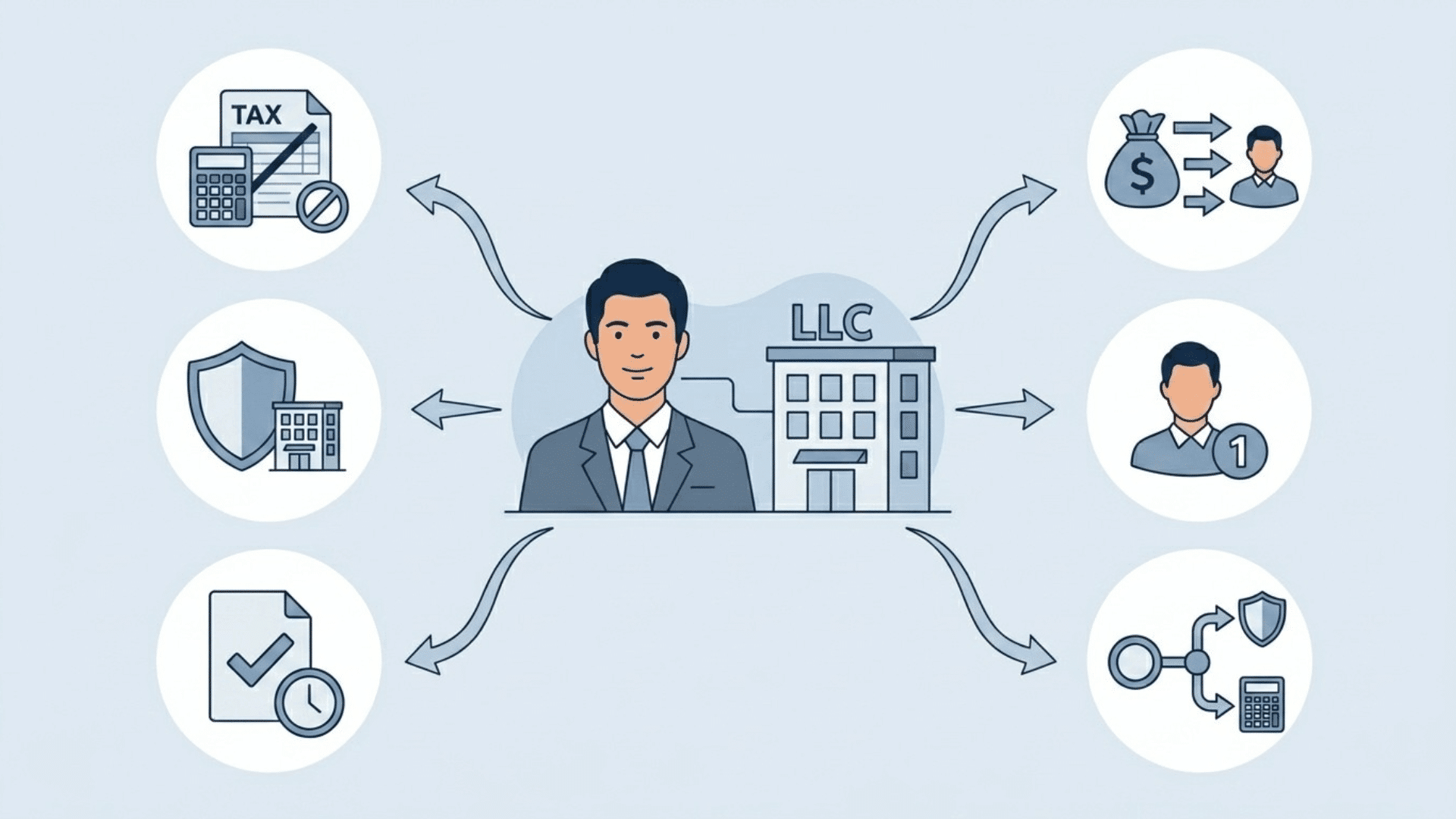 illustrated diagram showing a disregarded entity at the centre with arrows pointing to its key characteristics, including tax treatment, ownership, legal status, and simplified tax reporting
