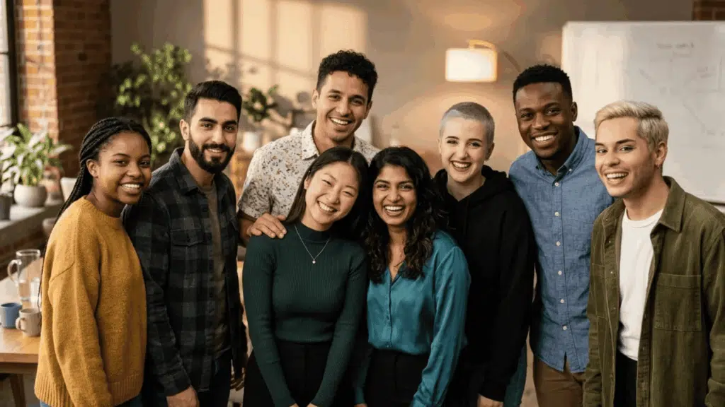 Diverse group of smiling coworkers posing together in a modern office during a team gathering or workplace meeting.