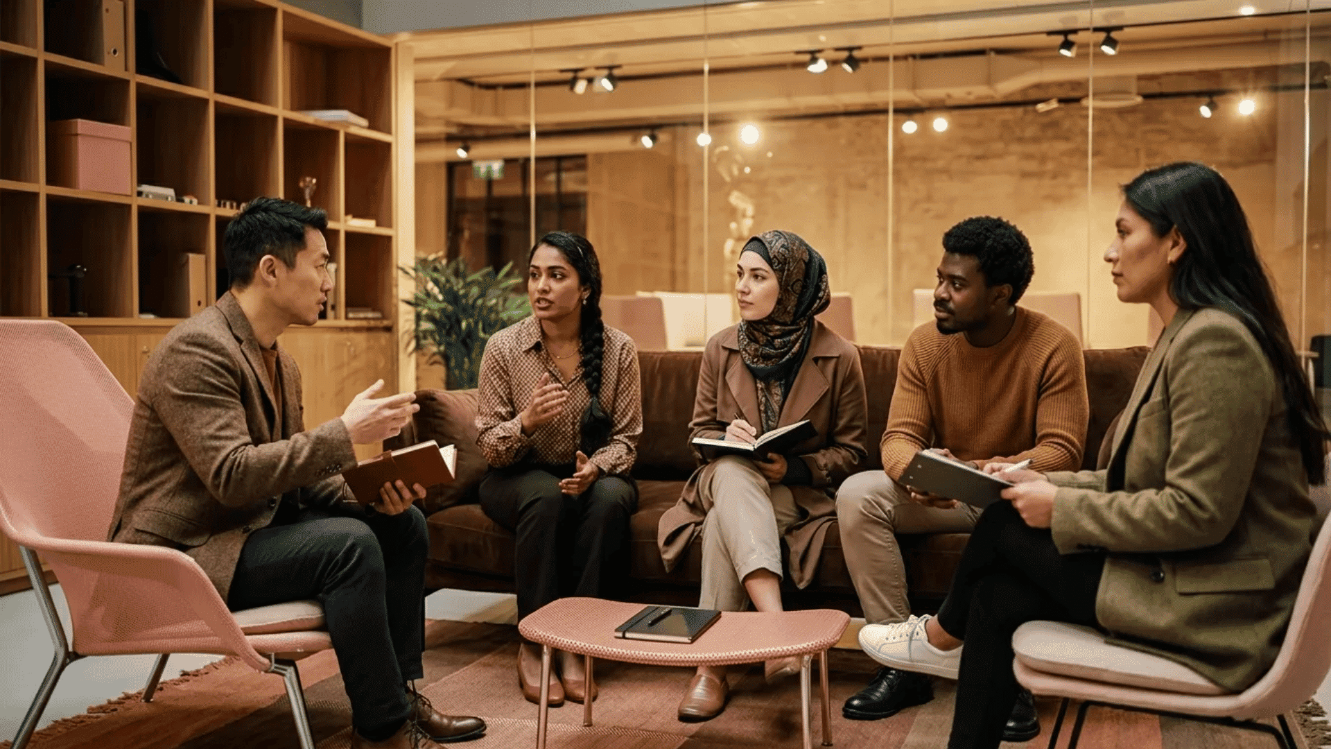 Diverse professionals participating in a collaborative team discussion during a business meeting in a modern office space.