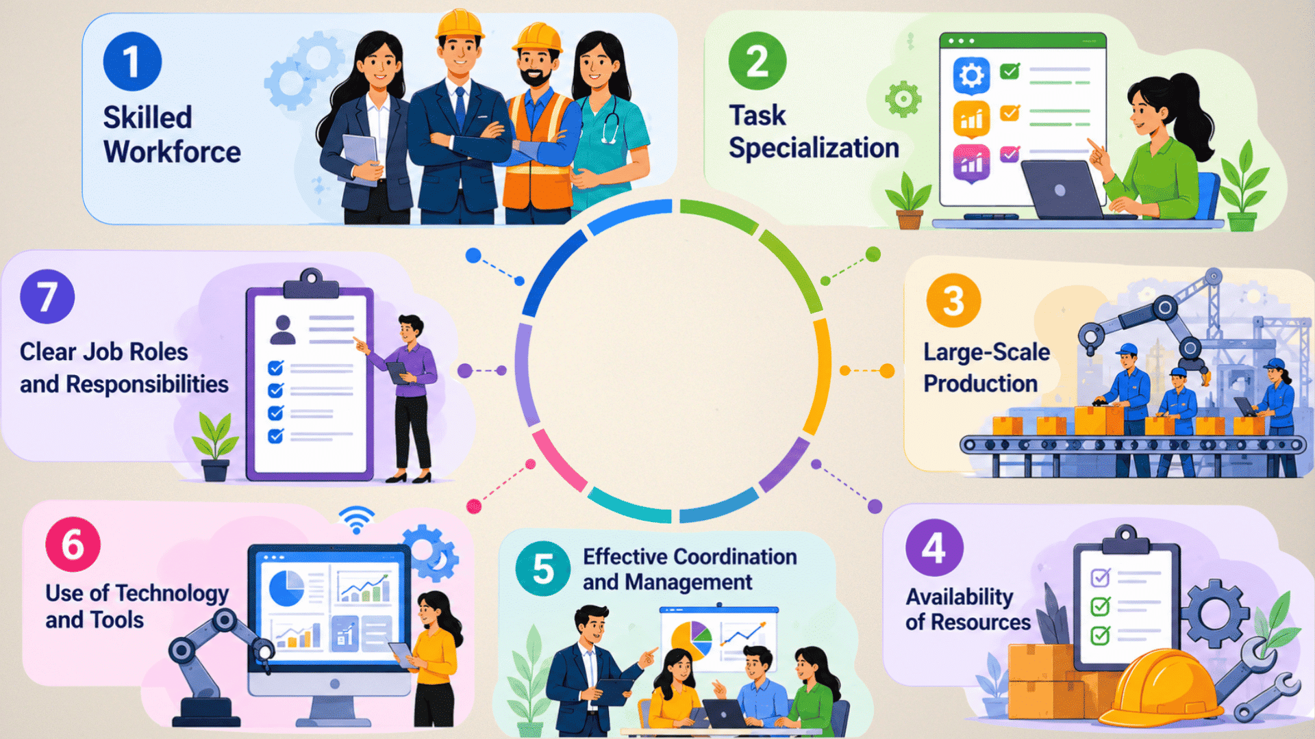 Infographic showing key factors of <echighlighted><echighlighted><echighlighted>division of labor</echighlighted></echighlighted></echighlighted>, including specialization, skills, resources, coordination, technology, and clear roles