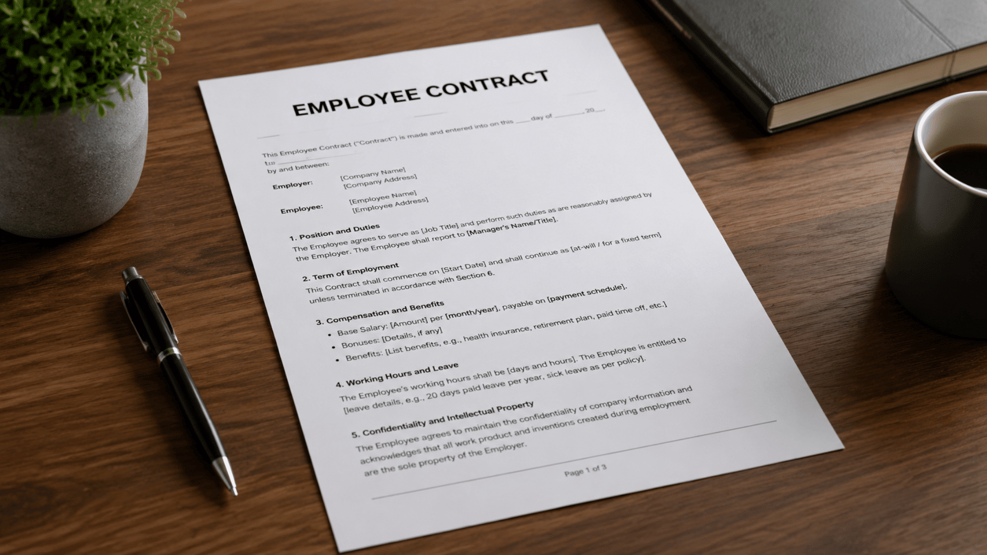 Employee contract on a wooden desk with a pen, coffee cup, notebook, and plant, illustrating <echighlighted>how to write an employee contract</echighlighted>.” width=”713″ height=”401″></p>
<p>A well-structured sample contract can serve as a practical reference when drafting agreements. Below is a simplified example covering key elements:</p>
<table border=