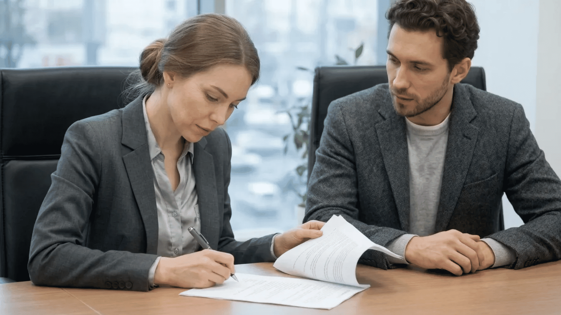 Employee signing a workplace write-up document during a formal HR meeting while a manager reviews the paperwork nearby.