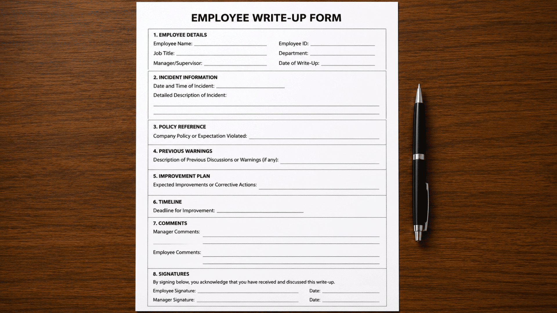 Employee write-up form document placed on a wooden table