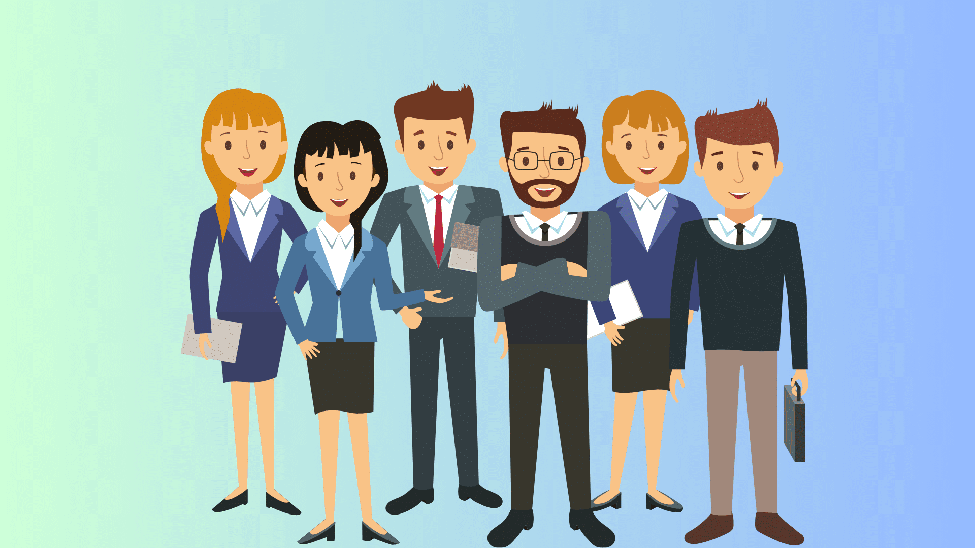 A diverse group of business professionals standing together, smiling, in a modern office setting