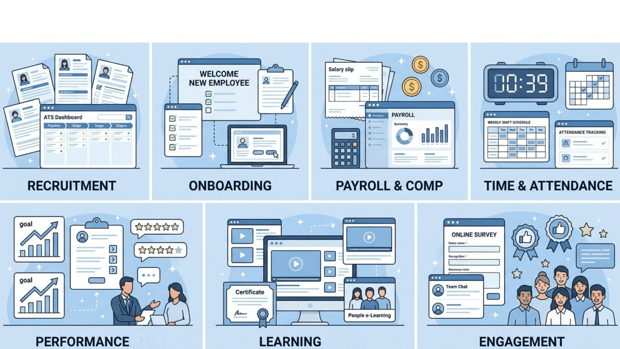 modern 7 grid collage illustration showing the 7 types of HR technology across the employee lifecycle