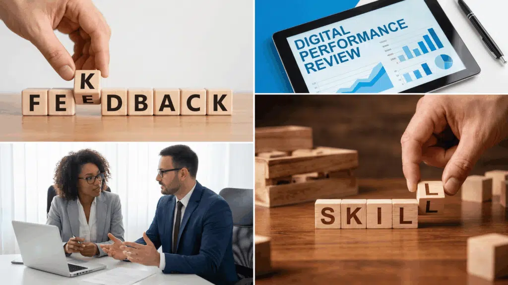 Feedback, review, and skill development shown in a four-panel workplace collage.