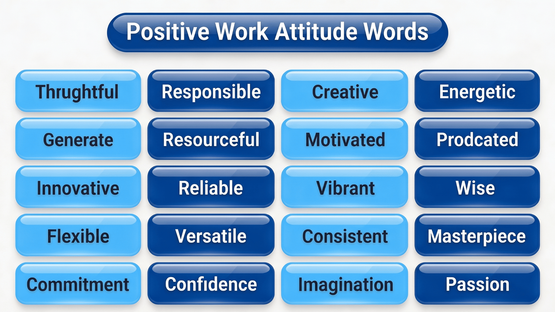 Grid of positive work attitude words including Thoughtful, Responsible, Creative, Energetic, Motivated, Passion, Wise