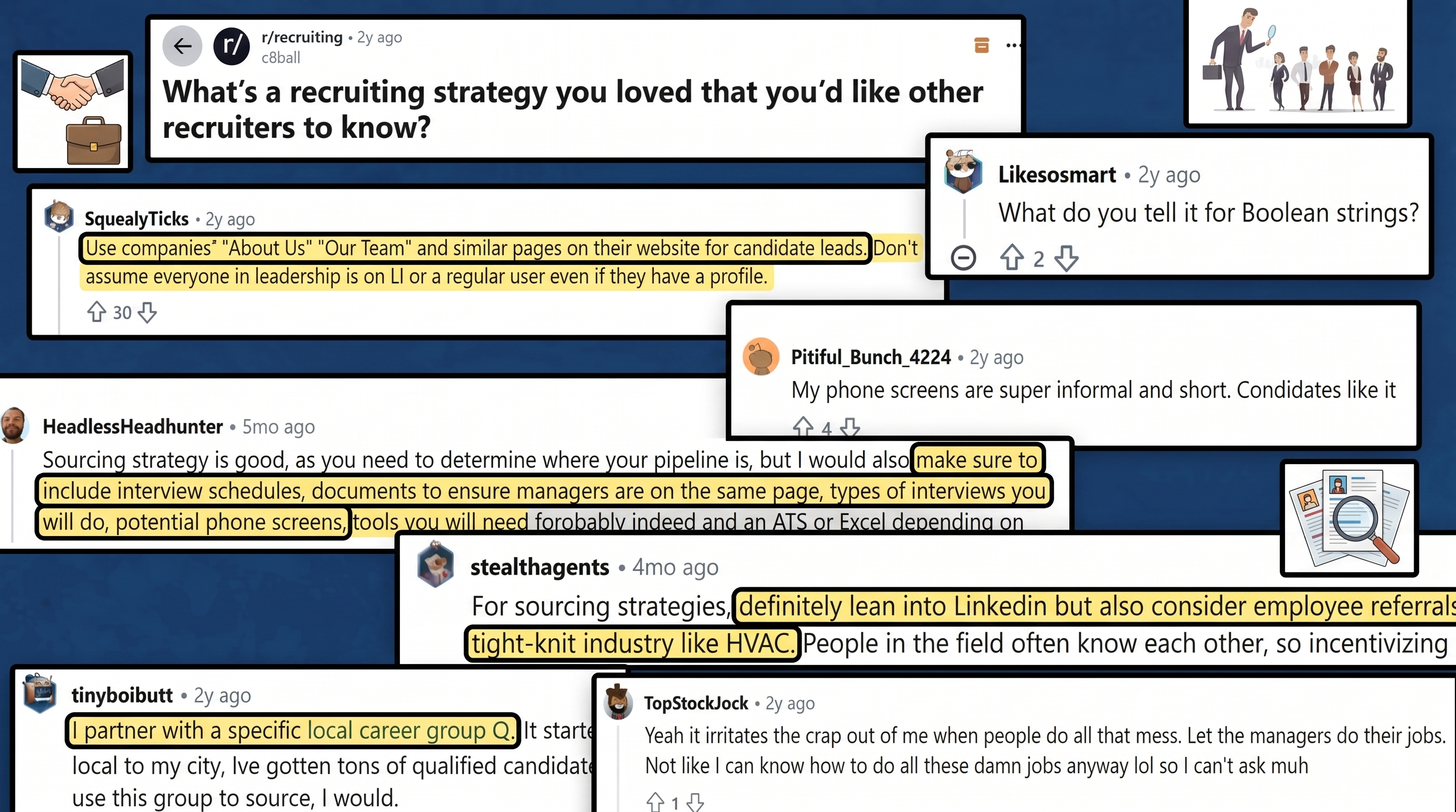 Reddit thread with recruiters sharing sourcing strategies, tips, and tools for finding candidates effectively