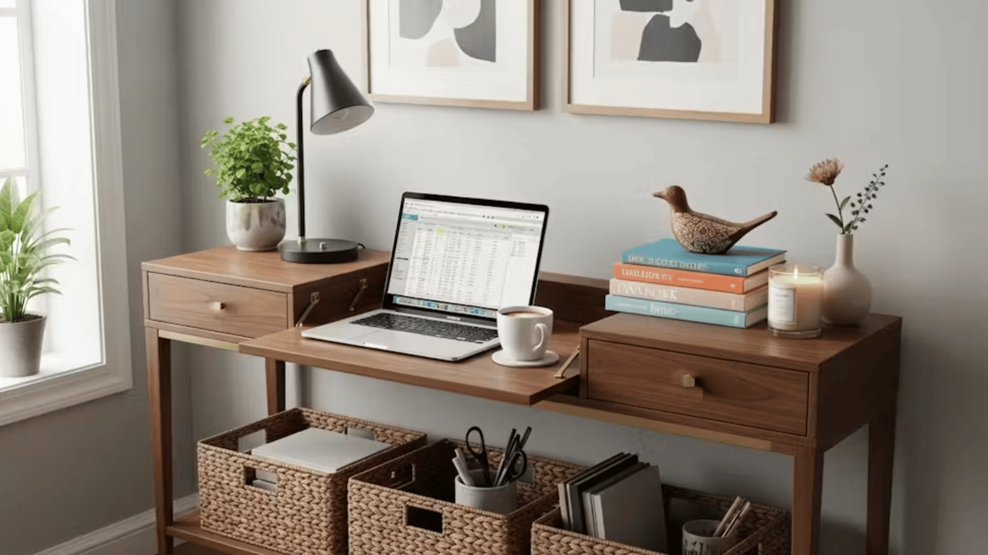 Remote work setup on table with baskets and a coffee next to laptop
