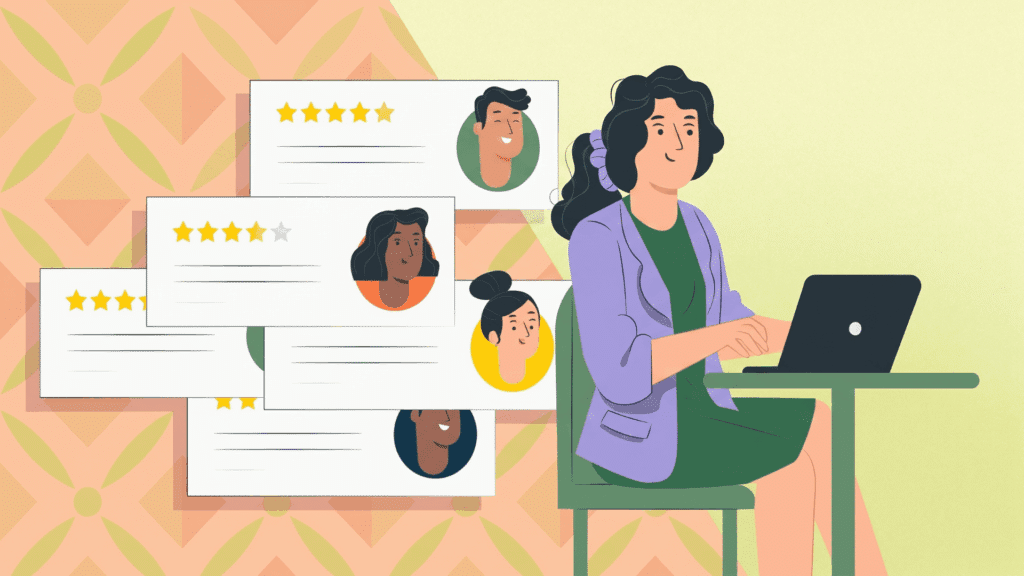 Illustration of employee recognition reviews with ratings and a woman working on a laptop in an office setting.