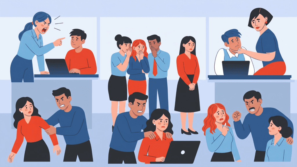 illustration-showing-different-workplace-harassment-behaviors-including-yelling-gossip-unwanted-touching-and-intimidation