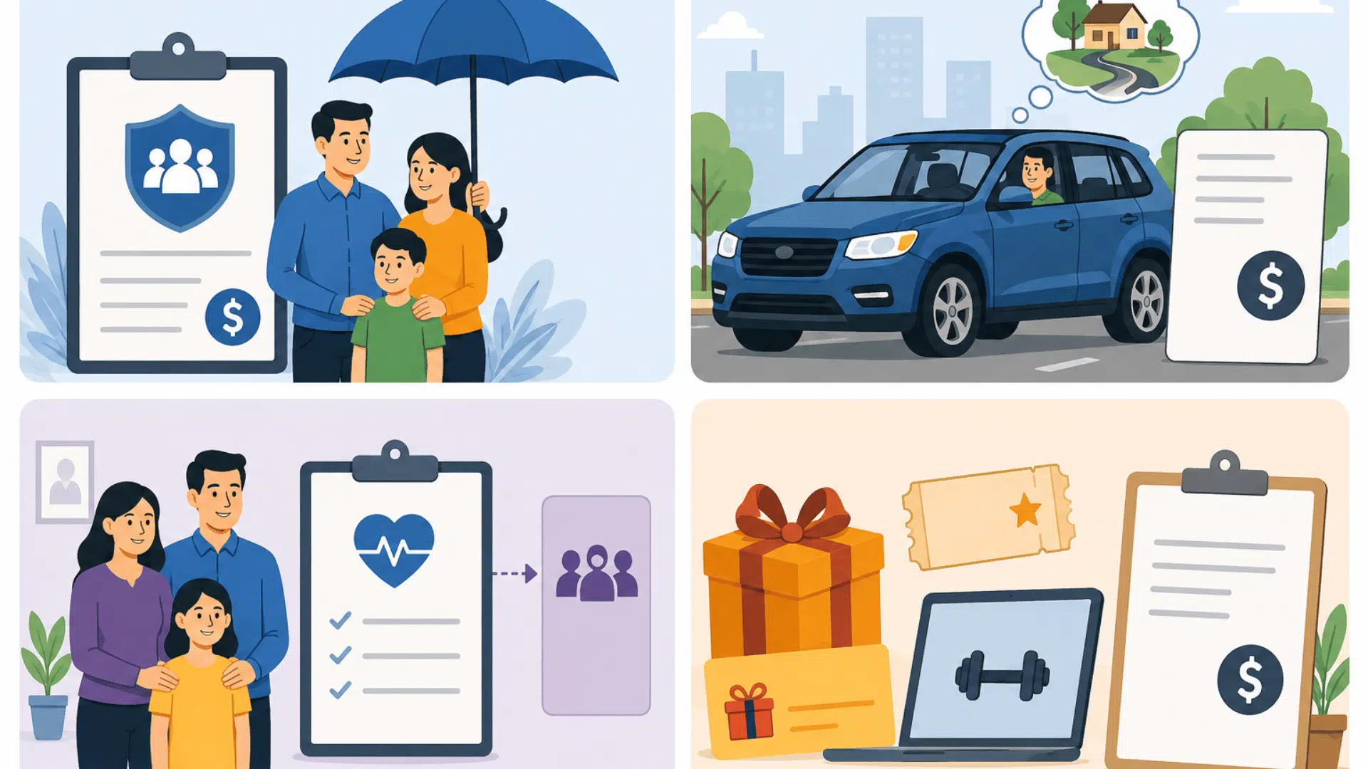 Illustration showing four common examples of imputed income: excess life insurance coverage, personal use of a company vehicle, benefits for non-dependent family members, and taxable fringe benefits.